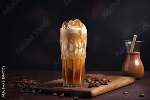 iced coffee latte with swirl of caramel sauce, topped with sprinkle of cinnamon, created with generative ai
