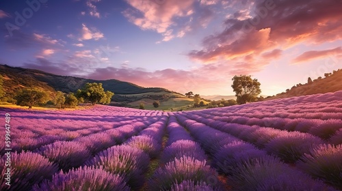 a field of lavender flowers with a sunset in the background