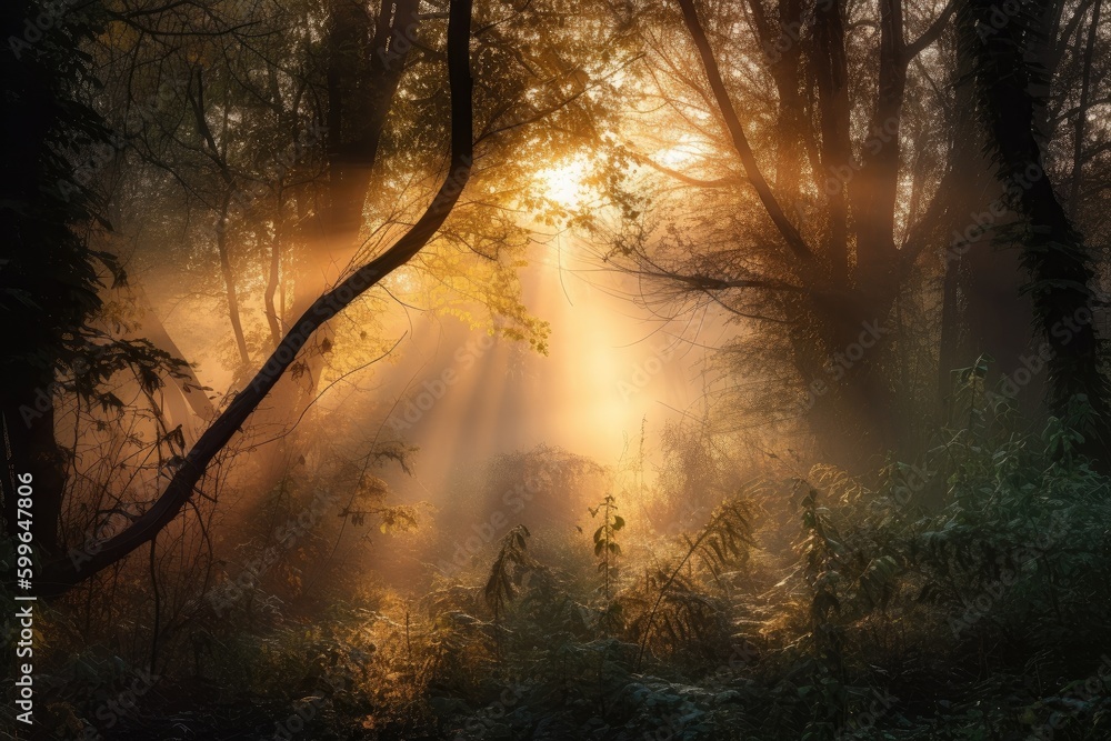 misty sunrise, with rays of sunlight filtering through the mist to illuminate a tranquil forest, created with generative ai