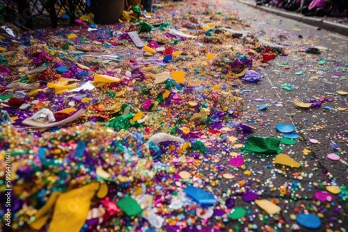 confetti mix of colors and shapes covering the streets during mardi gras, created with generative ai