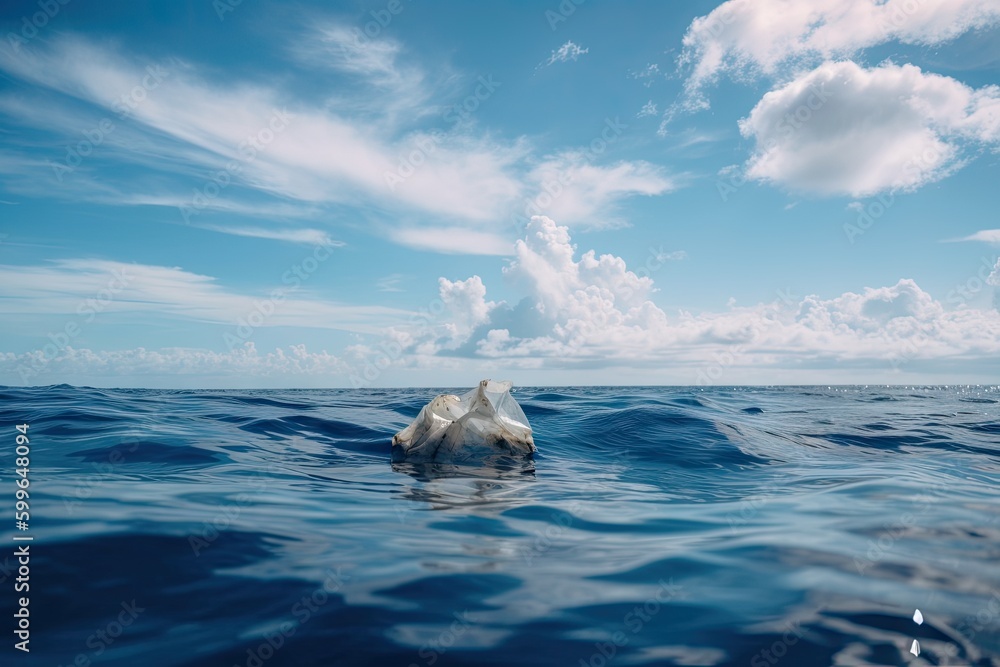 Fototapeta premium plastic bag floating in the middle of the ocean, with view of blue sky and clouds, created with generative ai