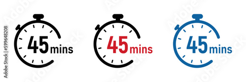  45 minutes timer, stopwatch or countdown vector icons