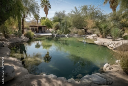 desert oasis with crystal-clear pool and babbling brook, created with generative ai