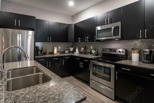 modern kitchen, with sleek black appliances and accents of stainless steel and granite, created with generative ai