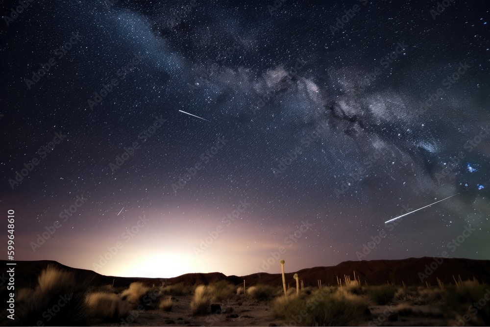 night sky with shooting stars and starlit desert landscape, created with generative ai