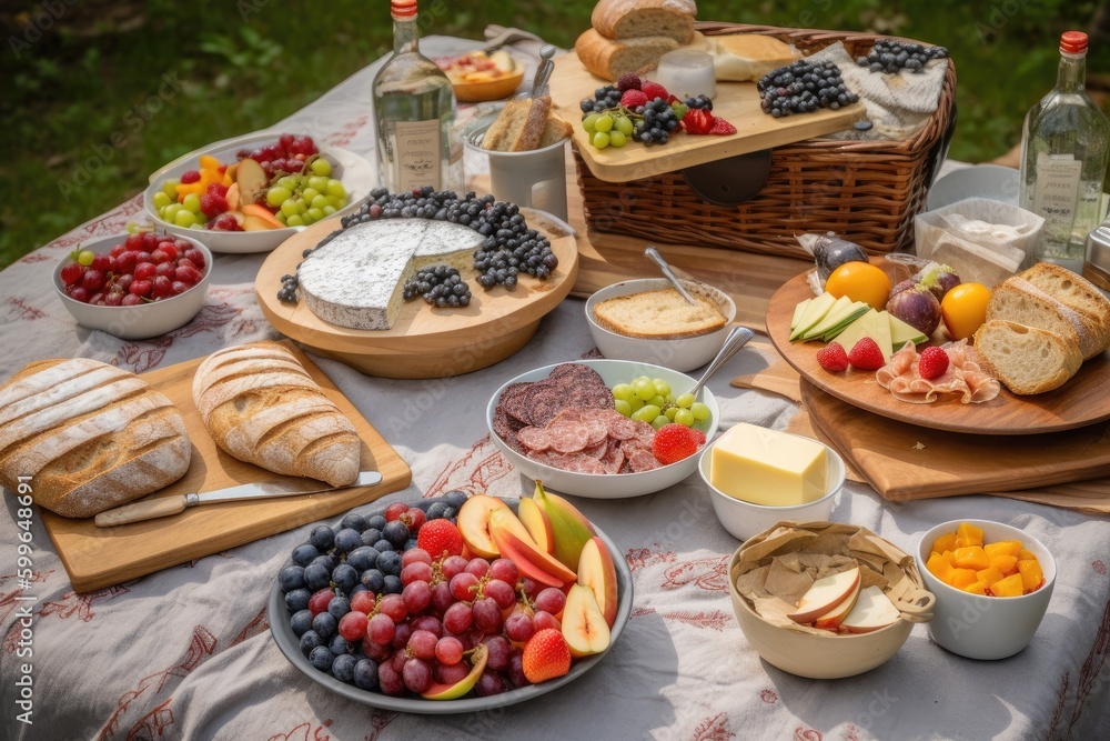 picnic setup with heaping plates of sandwiches, fruits, and cheeses, created with generative ai