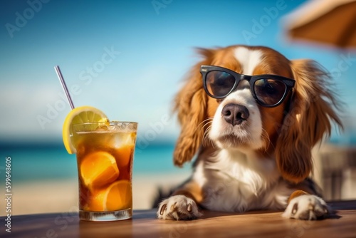 Funny Dog Drinking Cocktails at Beach Bar with Ocean View Background. Generative ai