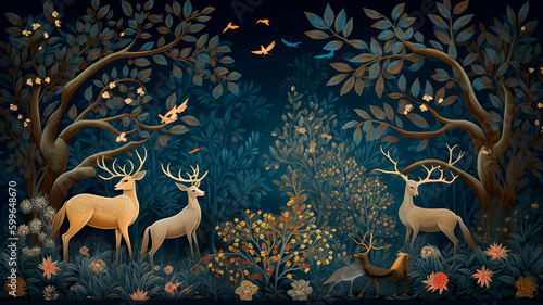 Dark blue mural wallpaper from the contemporary era Christmas tree, mountain, deer, birds, and waves of gold on a dark blue backdrop depicting a jungle or forest. Generative AI © Aram