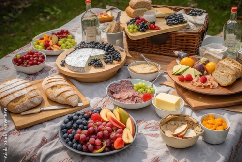 picnic setup with heaping plates of sandwiches, fruits, and cheeses, created with generative ai