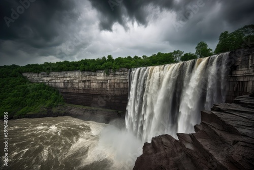 dramatic waterfall scene with storm clouds looming overhead  created with generative ai