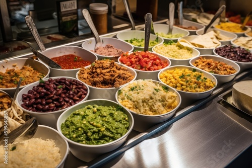 burrito bar, with different fillings and toppings on display, created with generative ai
