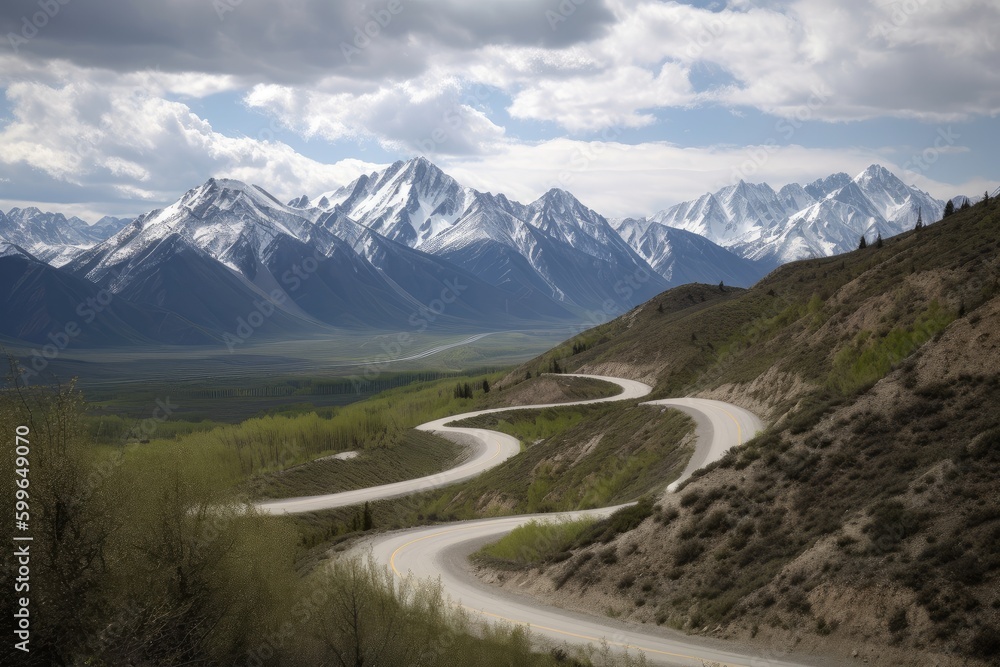 snow-capped peaks in the distance, with a winding road leading to them, created with generative ai snow-capped peaks in the distance, with a winding road leading to them, created with generative ai