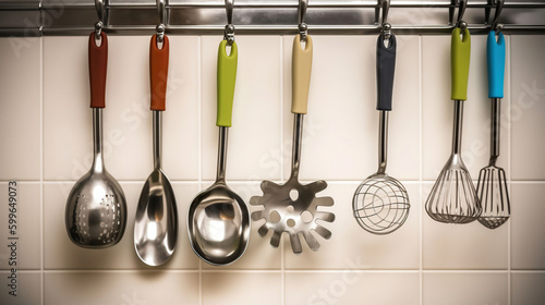 Set of metal kitchen utensils hanging on wall. AI Generaive