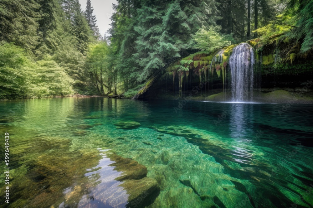 waterfall cascading into crystal-clear lake, with view of the forest in the background, created with generative ai waterfall cascading into crystal-clear lake, with view of the forest in the background, created with generative ai