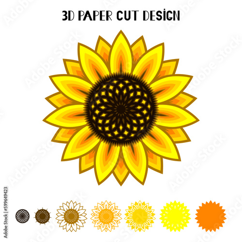 3D Sunflower mandala. Vector paper or laser cut template. Flower silhouette. Summer multilayer illustration. Isolated on white background. Decorative symboll.