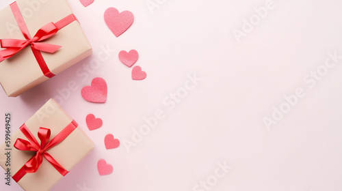 Top view of presents with hearts and copy space  Background with gifts and hearts with free space for text on pastel pink background  Flat lay  top view  Valentines day concept. AI Generative