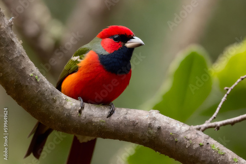 Masked Crimson Tanager bird perching on a branch with tropical leaves everywhere in a tropical rainforest. Wildlife concept of ecological environment. Generative AI © mikhailberkut