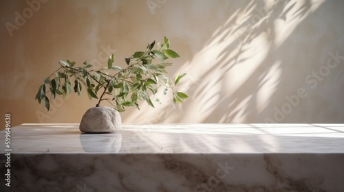 Minimalist space with light and marble for products. Image generated by AI.