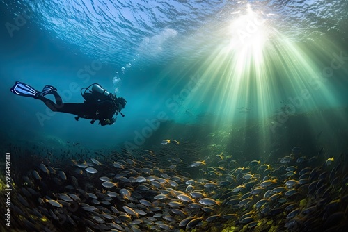 scuba diver swimming past schools of fish, with sunlight shining through the water, created with generative ai