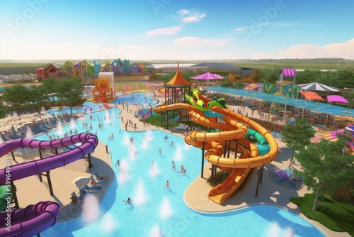 water park with variety of slides and attractions, including family-friendly rides and extreme fiberglass slides, created with generative ai