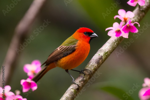 Masked Crimson Tanager bird perching on a branch with tropical leaves everywhere in a tropical rainforest. Wildlife concept of ecological environment. Generative AI © mikhailberkut