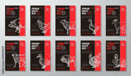 Premium Quality Meat and Poultry Vector Packaging Product Label Design Layouts Collection with Retro Typography and Hand Drawn Domestic Animals and Birds Sketch Silhouettes Backgrounds Set Isolated