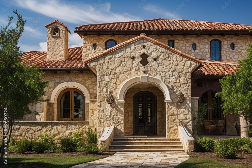 mediterranean house with stone facade, gabled roof and arched door, created with generative ai