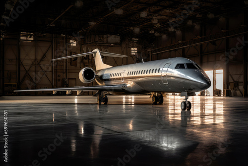 Bombardier global express business jet in large hangar. Generative AI