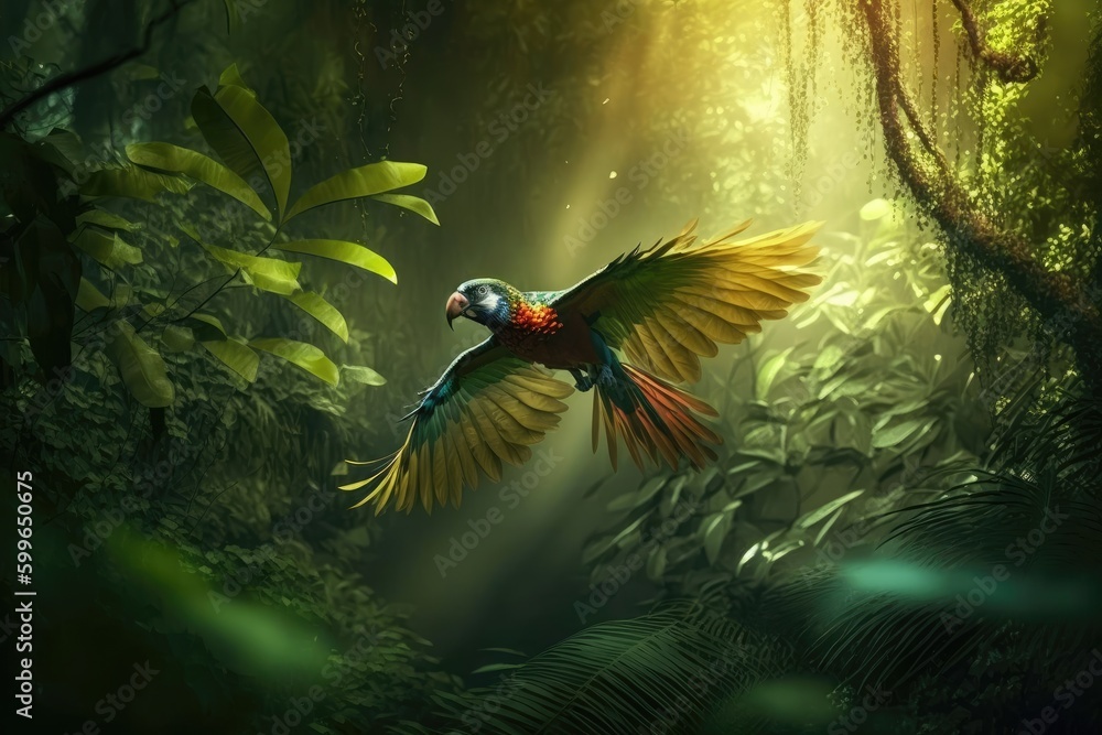 parrot in flight over lush jungle, with sunlight filtering through the trees, created with generative ai parrot in flight over lush jungle, with sunlight filtering through the trees, created with generative ai