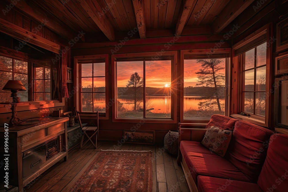 cozy cabin retreat with view of sunset over the lake, created with generative ai cozy cabin retreat with view of sunset over the lake, created with generative ai