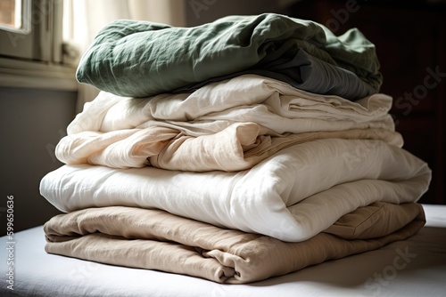 stack of freshly laundered sheets, ready for bedtime, created with generative ai
