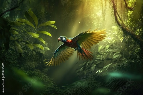 parrot in flight over lush jungle, with sunlight filtering through the trees, created with generative ai