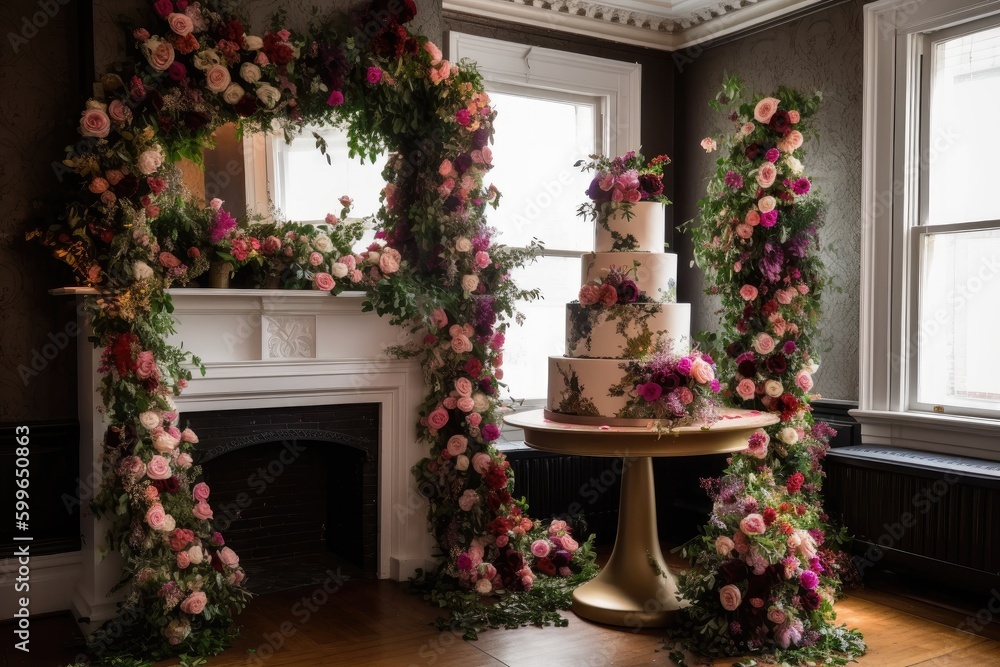 wedding cake tower with cascading florals and greenery, created with generative ai