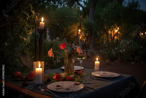 romantic al fresco meal for two, with candlelight and music, created with generative ai