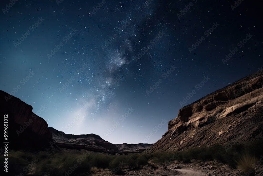 Obraz premium night sky with stars and moon over desert canyon, silhouetting the cliffs, created with generative ai