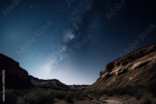 night sky with stars and moon over desert canyon, silhouetting the cliffs, created with generative ai