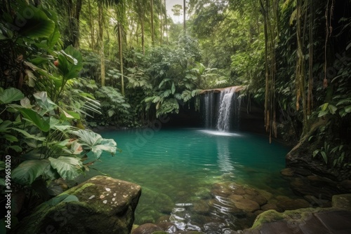 majestic waterfall cascading into crystal-clear pool, with view of the surrounding forest, created with generative ai