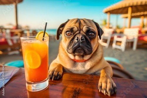 Funny Dog Drinking Cocktails at Beach Bar with Ocean View Background. Generative ai © Scrudje