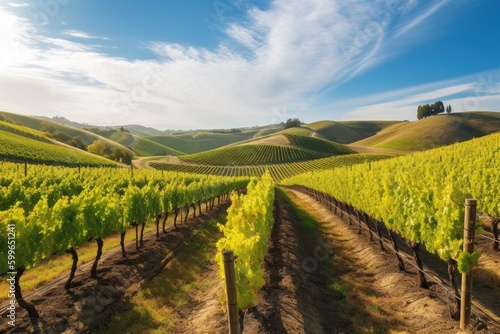 vineyard with rows of grape vines and rolling hills in the background  created with generative ai