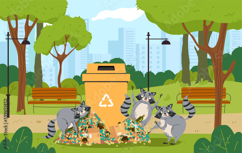 Animal raccoon garbage trash food junk waste bin concept. Vector graphic design illustration	

