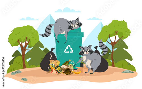 Animal raccoon garbage trash food junk waste bin concept. Vector graphic design illustration	
