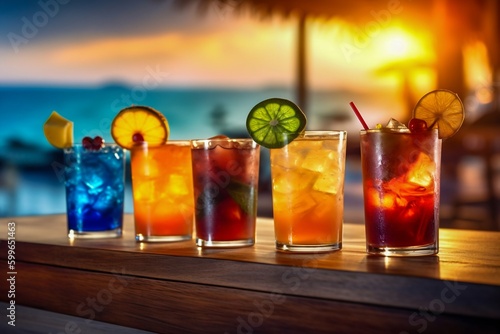 Tropical Drinks on Wooden Outdoor Beach Bar Menu. Generative ai