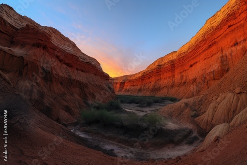 peaceful sunset, with the fiery canyon walls providing a dramatic backdrop, created with generative ai