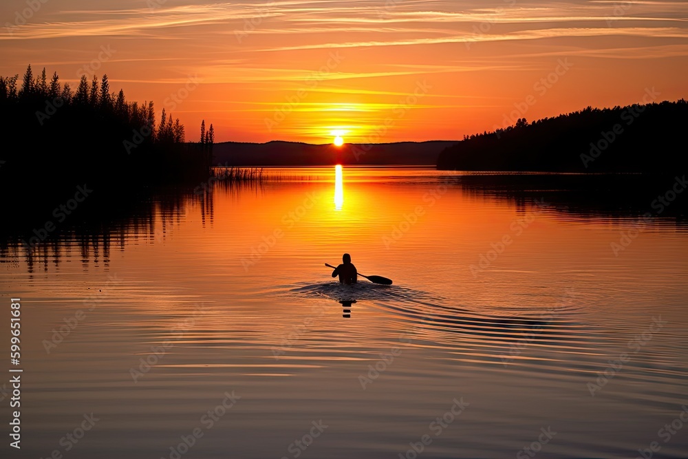 person, paddling their canoe through tranquil lake, with view of the sunset, created with generative ai