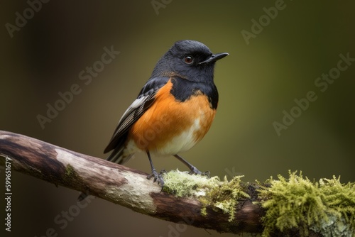 male redstart bird perched on branch, looking out at the world, created with generative ai