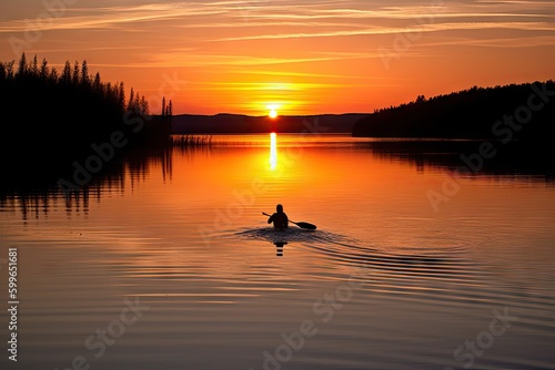 person, paddling their canoe through tranquil lake, with view of the sunset, created with generative ai © Alfazet Chronicles