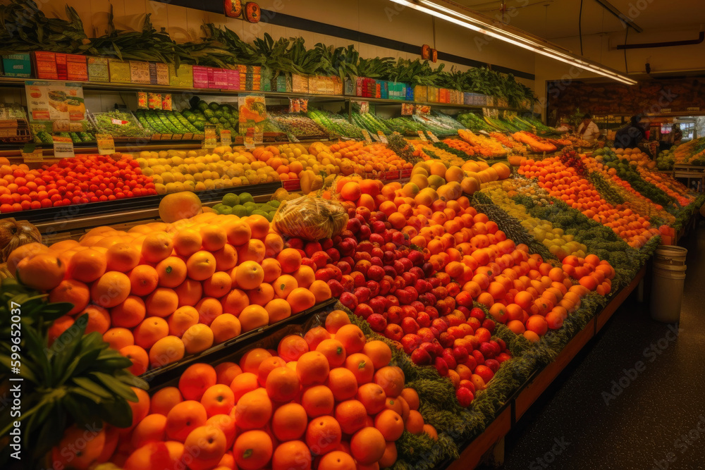 A bustling supermarket, overflowing with colorful and fresh produce. Generative AI