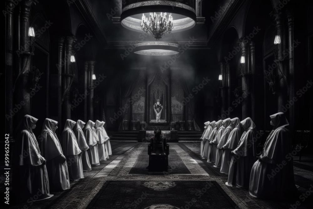 Secret society ceremony, people in hoods praying together. Members of sect perform the ritual in dark hall. Dark Religion and magical Occultism. Created with Generative AI - obrazy, fototapety, plakaty 
