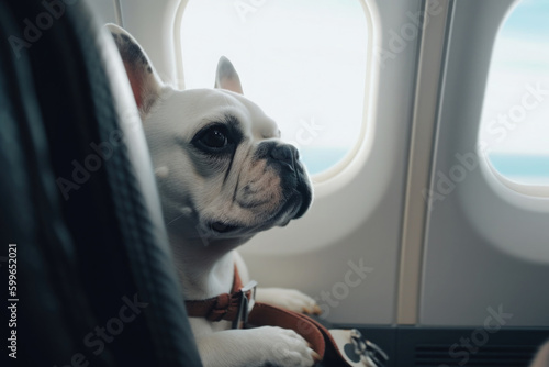 Travelling with pet. Dog on plane board near window. Airline pet transportation service. Created with Generative AI © Lazy_Bear