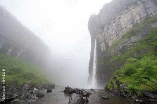 natural rock formation  surrounded by misty fog  with a waterfall in the background  created with generative ai